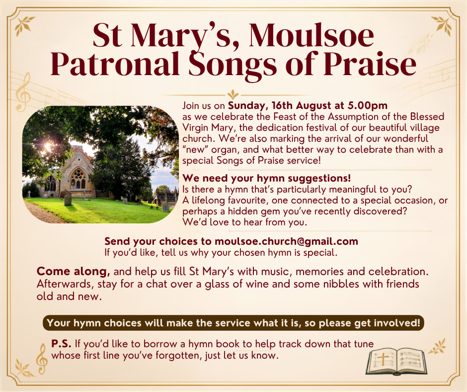 poster advertising the Songs of Praise Patronal Service at St. Marys Church on 16th August 2026 asking for requests for Hymns